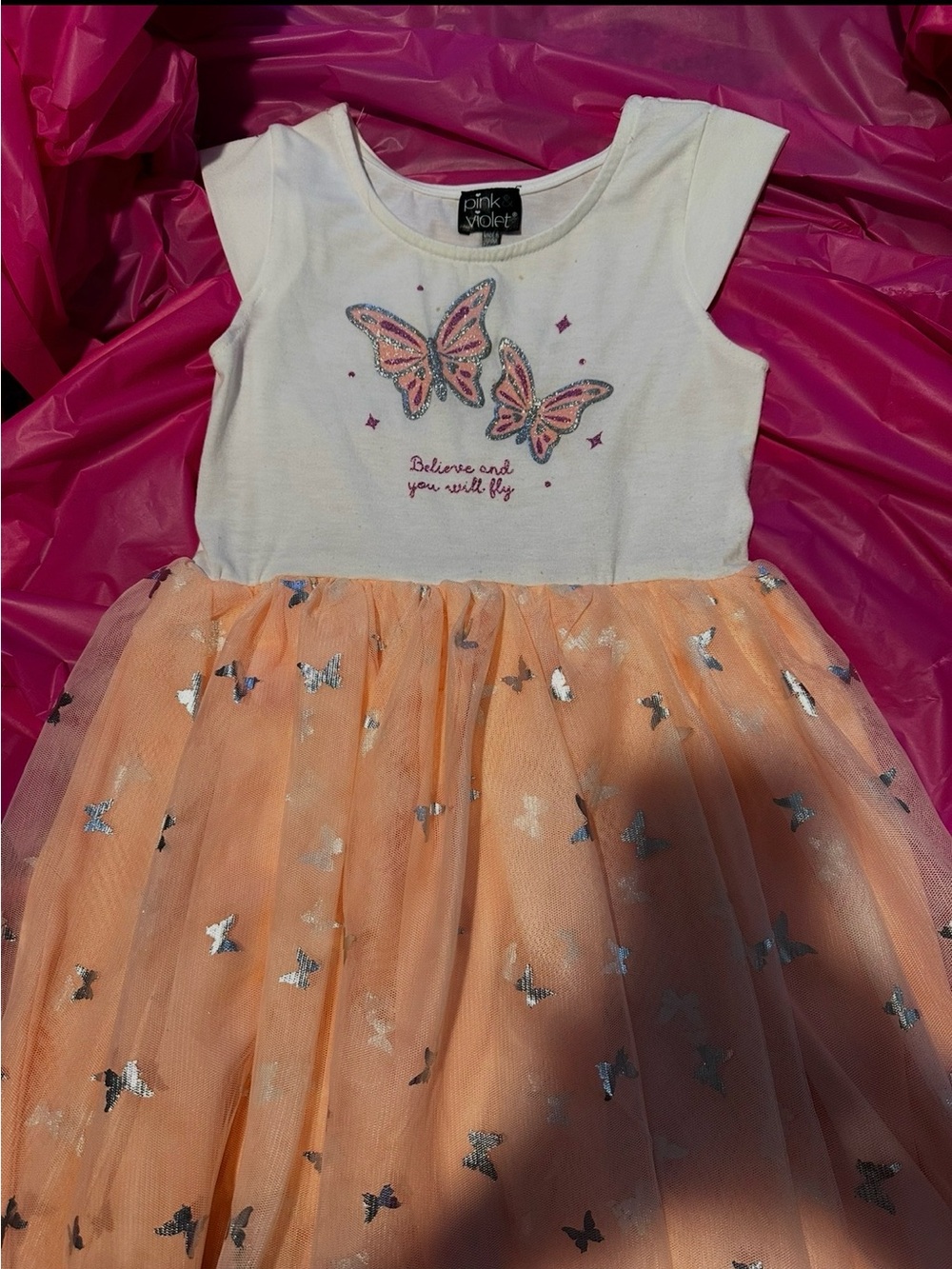 Pink & Violet White Top Peach Tulle Butterfly Dress
